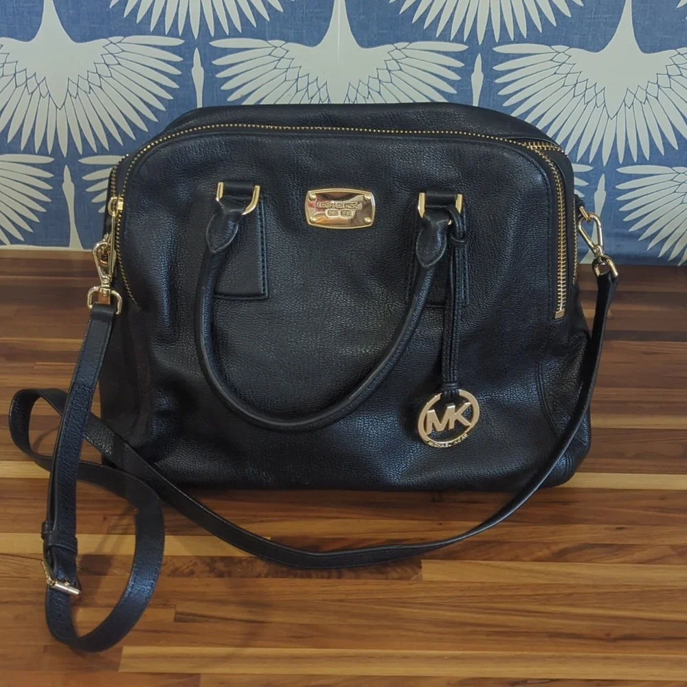Michael Kors black and gold leather two zipper compartment satchel large…
